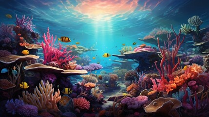 Obraz na płótnie Canvas An intricately realistic seascape portraying a vibrant coral reef beneath clear waters, teeming with diverse marine life - Generative AI