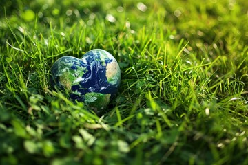 Planet Earth in the shape of a heart on the grass, concept of environment preservation and Earth Day.