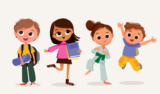 Set, group of 4 four happy children, kids in different poses, dressed in casual outfit clothes. Boys and girls with sport equipment. Dancing, jumping boy, girl,creative kids. Preschoolers teenagers.