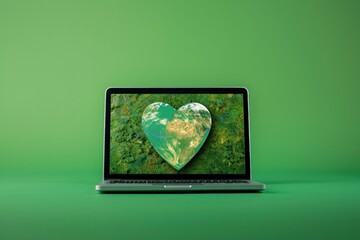 Fototapeta premium Planet earth in heart shape on laptop screen, technology and earth day concept. Preservation of the environment.