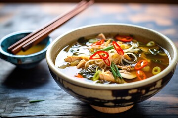 hot and sour soup in a rustic bowl with chopsticks on the side