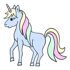 Blue unicorn. A magical horse with a lush colored mane and tail. Color vector illustration. Cartoon style. Pony girl with a horn on her forehead. Isolated background. Idea for web design.