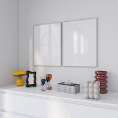 two frames mockup on white wall with white console table. 2 empty posters, colorful decoration accessories. 3D illustration
