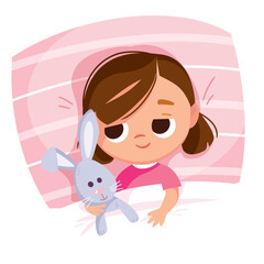 Sleepy baby girl lying in the bed under cover holding imaginary friend, bunny rabbit toy, in bedroom. Bed time for kids. Get ready for bedtime. Kid prepare go to bed