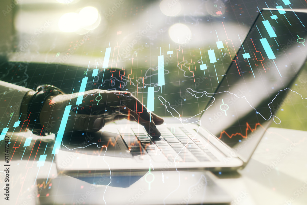 Poster multi exposure of abstract creative financial chart with world map and with hand typing on computer 