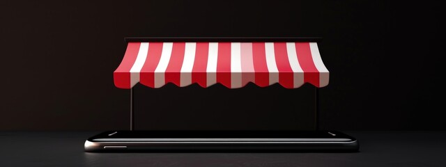 Red and white awning on black background, online stores and online business concept.