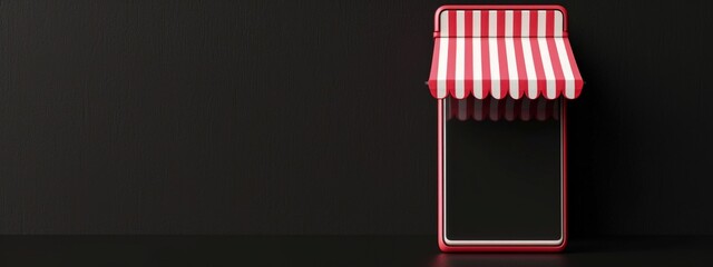 Red and white awning and cell phone on black background, online stores and online business concept.