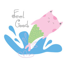 Vector doodle illustration of a cat mermaid rising from the sea, flat design illustration, lettering the word Feel Good, square composition template.