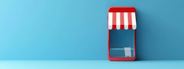 Red and white awning and cell phone on blue background, online stores and online business concept. - obrazy, fototapety, plakaty