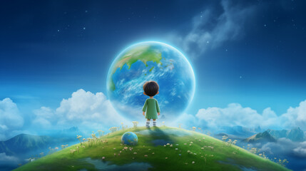 the boy stand on mountain looks at the earth cartoon