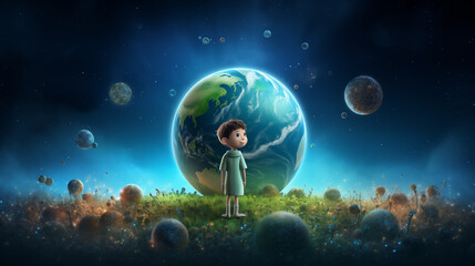 Obraz na płótnie Canvas cartoon the boy in front of the earth