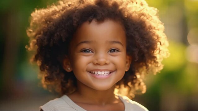 Smile african american kid have fun. Funny little girl play outdoor. Pretty child enjoy summer. Happy childhood concept. Beautiful children at kindergarten. Joy positive nice person. Nature background