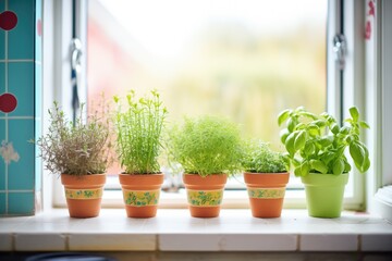 a row of potted herbs on a kitchen windowsill