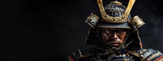 Samurai warrior with armor on black background, concept of tradition and martial arts.