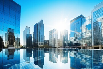 Fototapeta na wymiar A modern cityscape with glass buildings reflecting the brilliance of a clear blue sky, Generative AI
