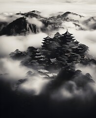 A Chinese or Japanese temple in the mountains in the fog, like a traditional Chinese landscape in...