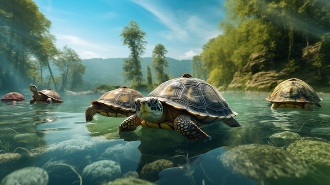 photograph many turtles on the river 