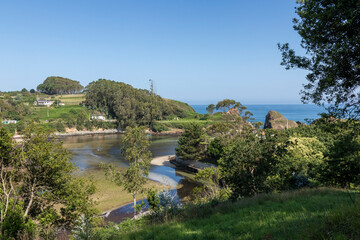 Obraz premium a serene bay with houses nestled in lush greenery, under a clear blue sky, with the open sea in the background