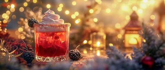 A cozy atmosphere with a red cocktail in a clear glass, ice, swirl of whipped cream and blackberry