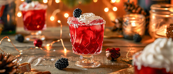 A cozy atmosphere with a red cocktail in a clear glass, ice, swirl of whipped cream and blackberry - obrazy, fototapety, plakaty