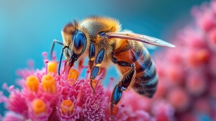 Fototapeta premium Exotic flower, adorned with the presence of a bee, captured in a captivating close-up 