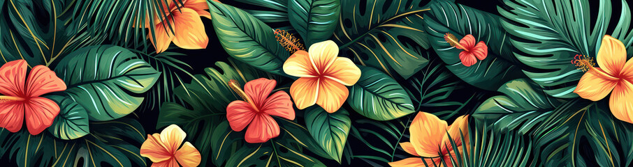 Tropical Plant Paradise: Exotic Floral Jungle Pattern on Green Leaves Background