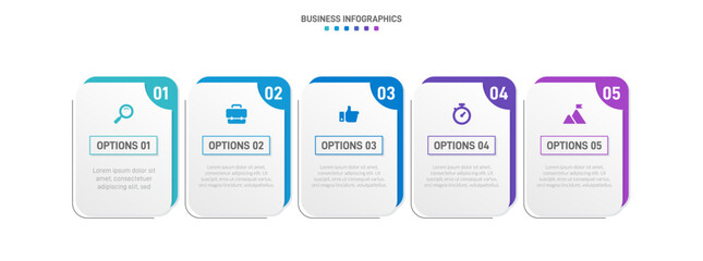 Timeline infographic with infochart. Modern presentation template with 5 spets for business process. Website template on white background for concept modern design. Horizontal layout.