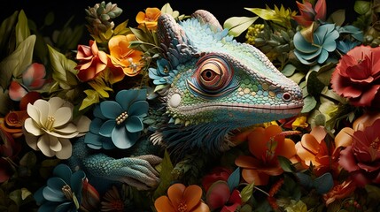 Fototapeta premium An ultra-detailed portrayal of a chameleon amidst colorful flowers, its skin reflecting vibrant hues, depicted with meticulous accuracy in a realistic photography style - Generative AI