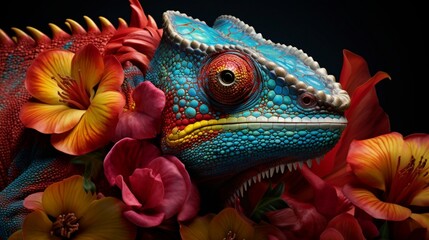 Obraz premium An ultra-detailed portrayal of a chameleon amidst colorful flowers, its skin reflecting vibrant hues, depicted with meticulous accuracy in a realistic photography style - Generative AI