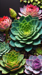 macro green succulent plants close-up in dark background