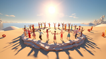 vector circle group of people dancing on the beach