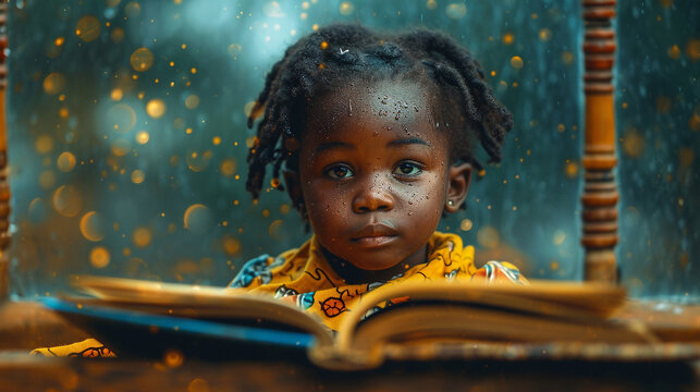 A heartwarming scene of an African child engrossed in the pages of a colorful picture book, surrounded by the warmth of natural light, emphasizing the joy of learning and the impor