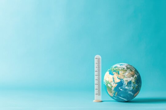 Planet earth and thermometer on blue background, global warming and climate change concept.