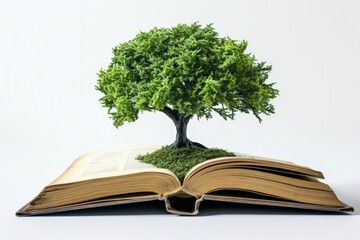 Tree on top of an open book, concept of knowledge and Earth Day. Nature and learning, white background.