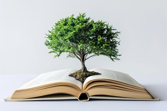 Tree on top of an open book, concept of knowledge and Earth Day. Nature and learning, white background.