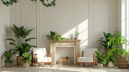 Modern room concept interior style, chair fireplace frame wicker carpet decoration, grey stone wall background.