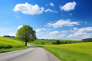 Fototapeta na wymiar A peaceful countryside road winding through green fields under a vast blue sky, Generative AI