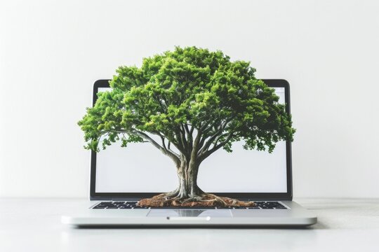 Tree on laptop screen, technology and earth day concept, white background.