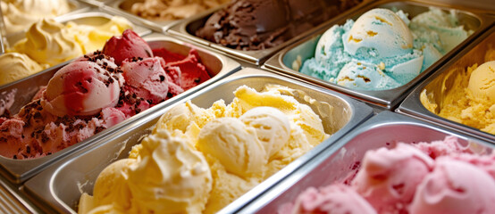 A vibrant array of ice cream flavors beckons with creamy swirls and tempting toppings, a feast for the senses