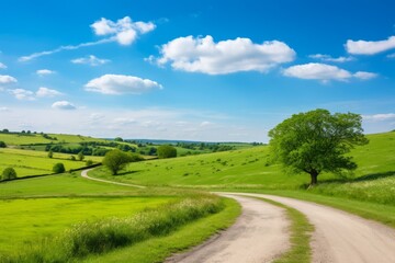 Fototapeta na wymiar A peaceful countryside road winding through green fields under a vast blue sky, Generative AI