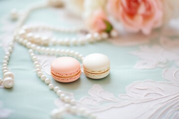 Fototapeta na wymiar macarons and pearls on a lace tablecloth for elegance