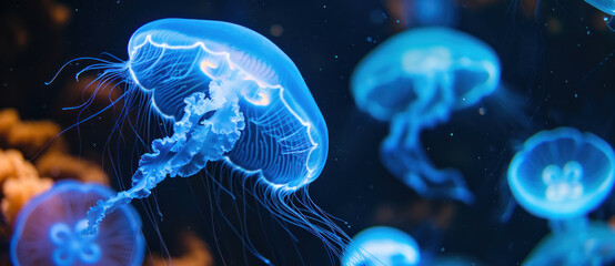 Jellyfish glide with ethereal grace, their bioluminescent glow a captivating dance in the ocean's depths