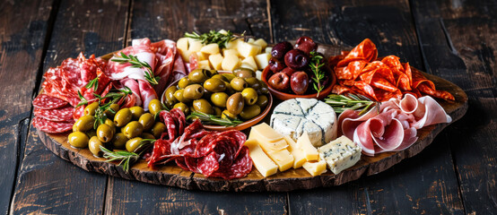 A rustic charcuterie board, heaped with an array of meats, cheeses, and olives, offers a feast for the senses - obrazy, fototapety, plakaty