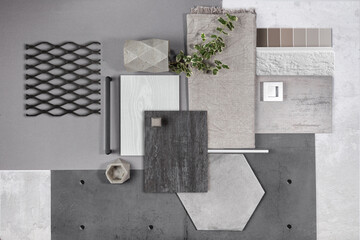 Grey concrete composition of different types of materials for interior design and decoration