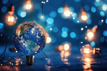 Light bulb with planet earth on dark blue background, bokeh background, environmental preservation concept, Earth day.