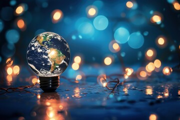 Fototapeta na wymiar Light bulb with planet earth on dark blue background, bokeh background, environmental preservation concept, Earth day. 
