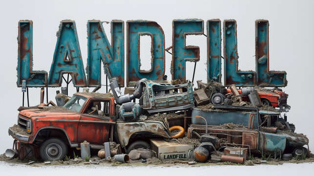 Rusty landfill sign towering over a cluttered junkyard filled with derelict vehicles and debris