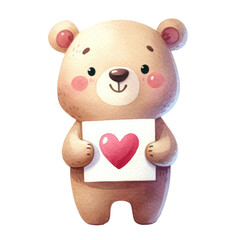 Watercolor cute bear holding a heart paper. Romantic animal. Valentine's element clipart. 