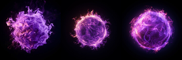 glowing bright ball of fire. Purple ball of fire. Flaming fantasy glowing sphere of energy set against a black background. Set of various energy balls. Explosive sphere elements. 