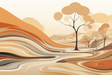 Hand drawn soft earth tones background. landscape background.  retro, abstract design background. simple abstract background with beige plant